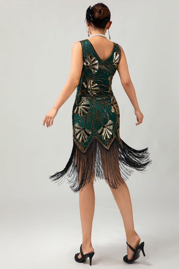 Verde dorato paillettes scollo a V Bodycon 1920s Flapper Dress con Tassles